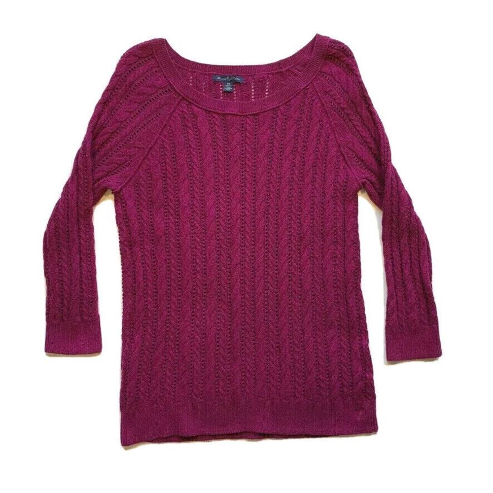 NEW American Eagle Cotton Wool Blend Sweater Cable Open Knit‎ Boat Neck Purple M